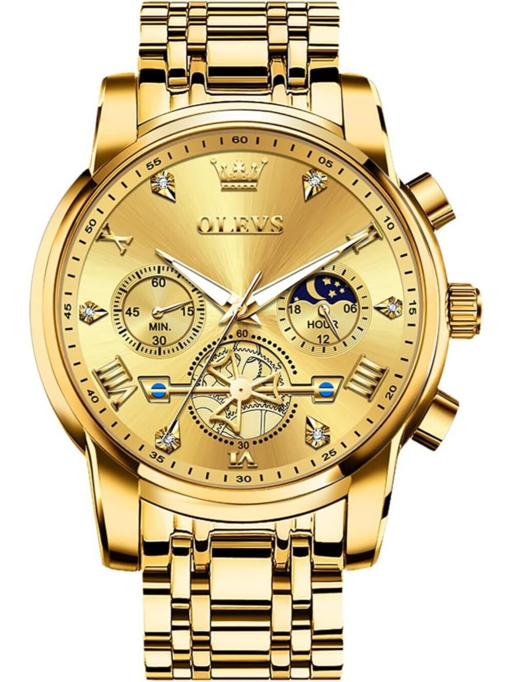 Men's Gold Stainless Steel Chronograph Waterproof Quartz Elegant Dress Watch